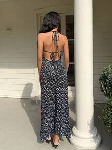 Sunnyshic 女士优雅休闲百搭时尚度假风花卉蕾丝拼接露背吊带蝴蝶结长裙，春夏款 - 黑色 - 查看 2