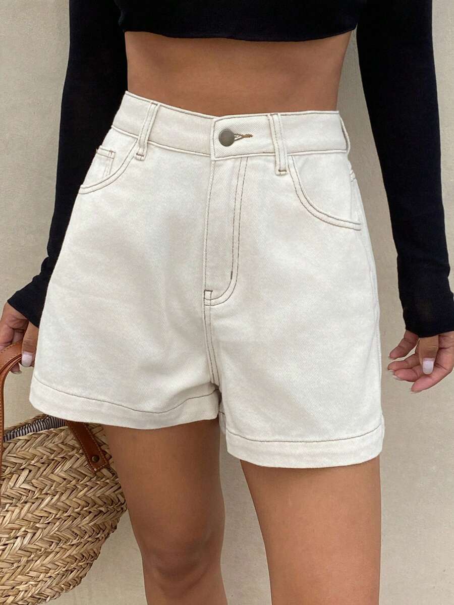 Livesso Shorts vaqueros de mujer con bolsillos, cremallera y botones, de moda y versátiles - Caqui - Ver 1