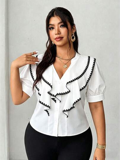 Elenzga Plus Size Women Short Sleeve Ruffle Trim Patchwork Blouse Summer Spring Wedding Guest Party