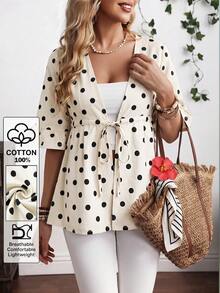 EMERY ROSE Plus Size Summer Casual Polka Dot Print Drawstring Waist Denim Jacket - Beige - View 1