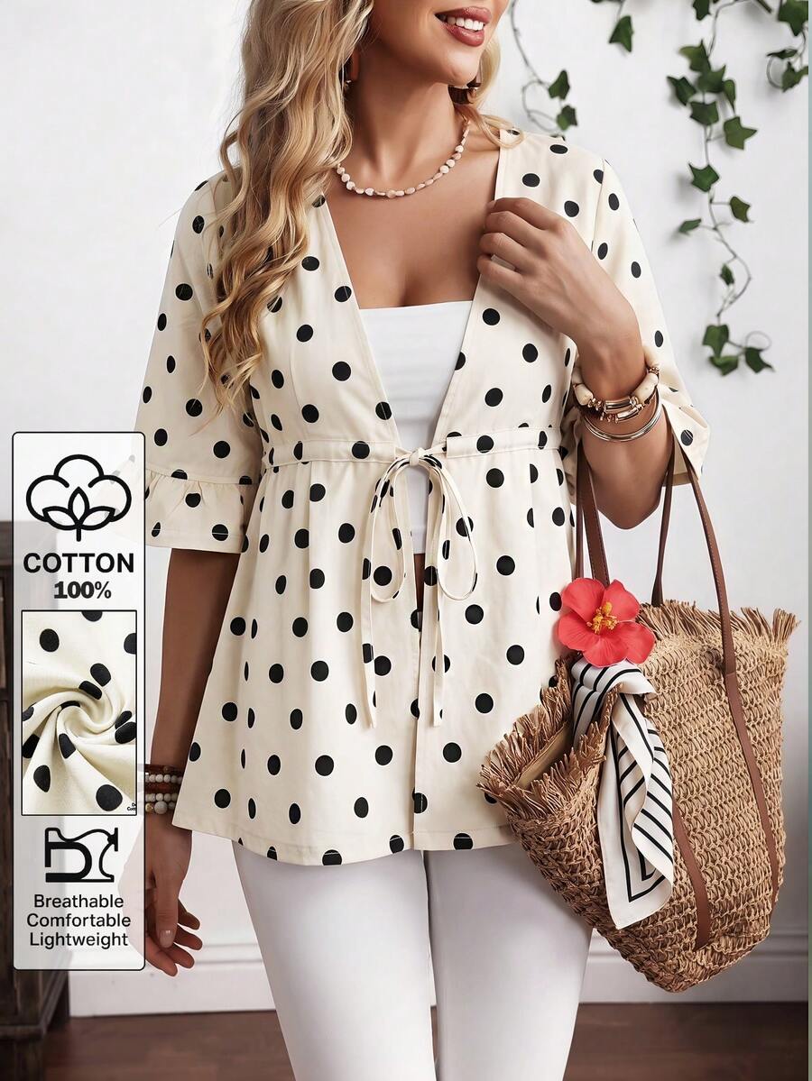 EMERY ROSE Plus Size Summer Casual Polka Dot Print Drawstring Waist Denim Jacket - Beige - View 1