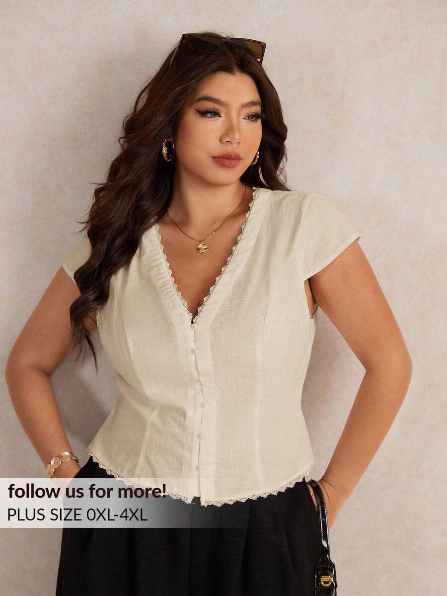 Elaquor Plus Size Women's Solid Color V-Neck Cap Sleeve Single-Breasted Casual Shirt - Apricot - View 1