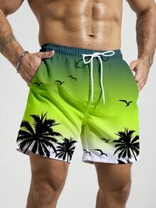 Manfinity KASUA Men's Drawstring Waist Pockets Coconut Tree Print Casual Vacation Beach Shorts, Holiday - Green - View 5