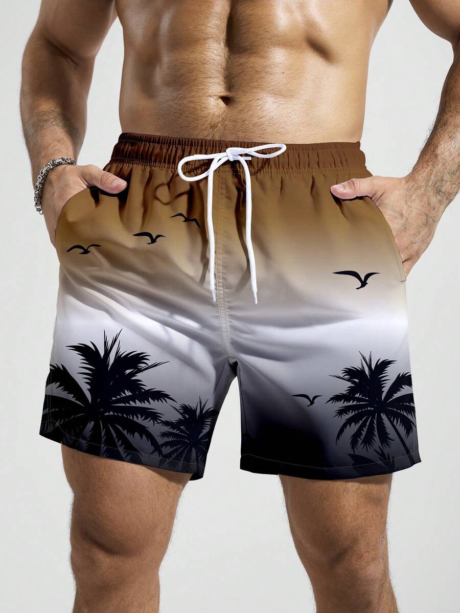 Manfinity KASUA Men's Ombre Graphic Print Slant Pocket Drawstring Waist Beach Shorts, Holiday - Coffee Brown - View 1