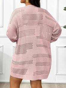 大码休闲纯色镂空针织开衫 - 藕粉色 - 查看 2