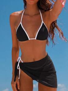 Swim Vcay Bộ bikini nữ màu trơn mới, dây đeo vai mảnh phối màu tương phản, quần short cạp cao buộc dây bên hông, váy lưới, bộ đồ bơi 3 mảnh, đồ bơi 2 mảnh cho nữ, áo bikini đen, áo croptop, bikini cho nữ - Nhiều màu - Xem 3
