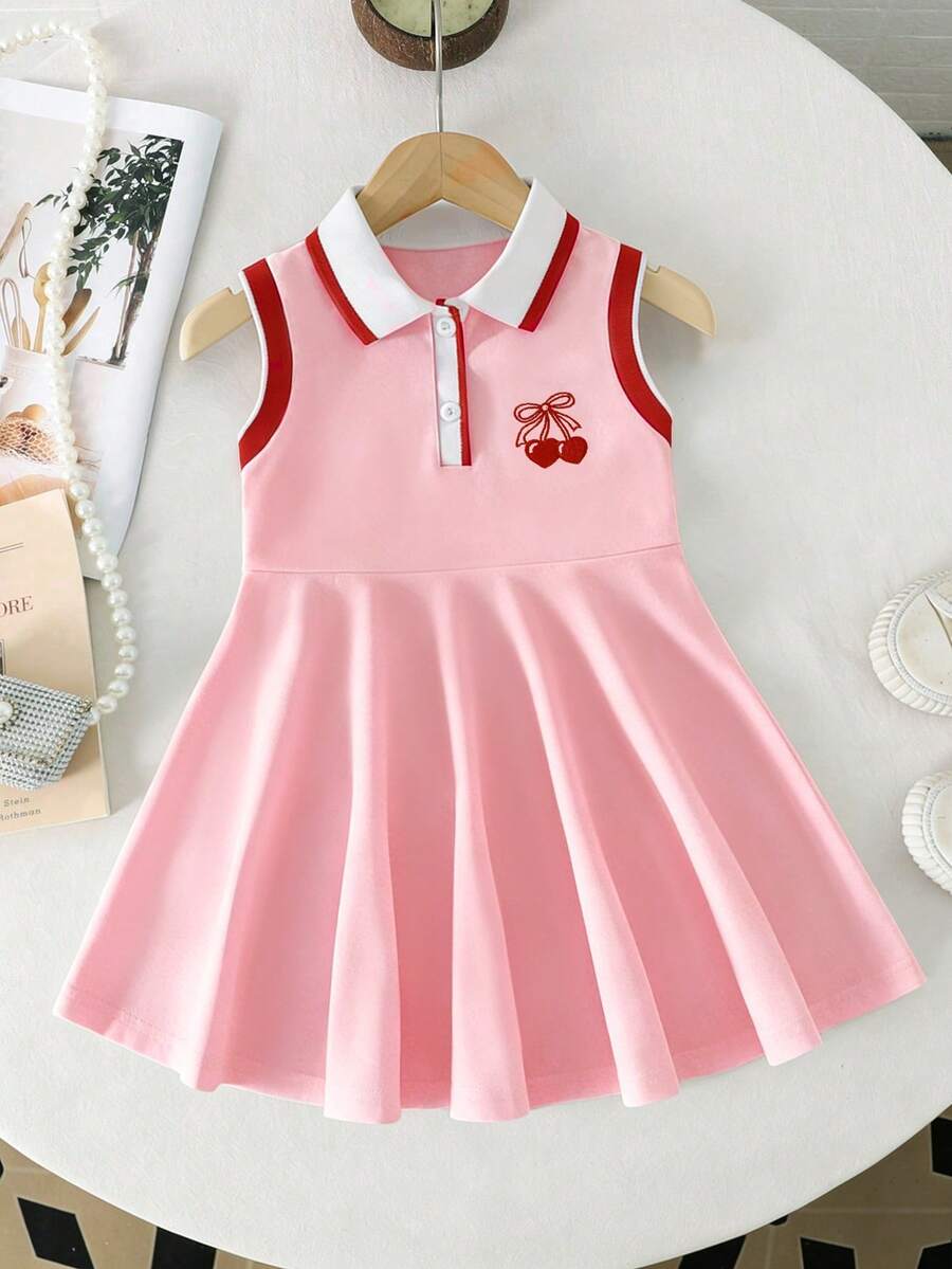 SHEIN 女童休闲可爱简约撞色无袖连衣裙，立领，纯白色针织连衣裙，适合日常穿着和运动，春夏款 - 粉色 - 查看 1