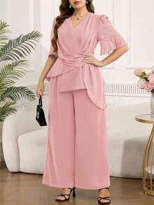 SHEIN Clasi Bộ đồ 2 món dành cho nữ cỡ lớn: Áo sơ mi ngắn tay xếp ly màu trơn và quần ống rộng. - Hồng - Xem 7