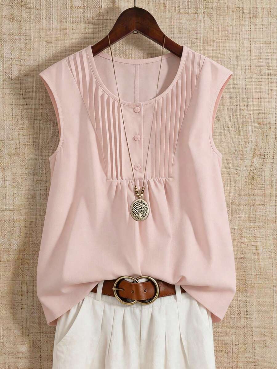 Linhara Plus Size Women Round Neck Button-Up Shirt, Spring/Summer - Pink - View 1