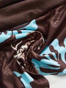 ROMWE Avant Y2K Alt Beach Vacation Coconut Girl English Low Waist Super Short Drawstring Brown And Blue Hibiscus Leopard Print Women Shorts Summer - Brown - View 4
