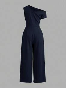 Firerie Kids Firerie Kids Tween Girl Solid Color Ruched Asymmetrical Shoulder Wide Leg Jumpsuit - Navy Blue - View 2