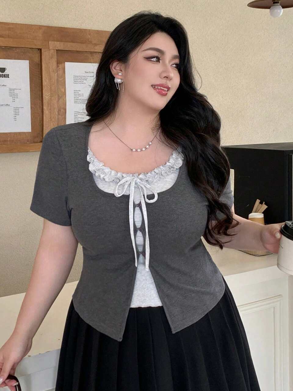 Dazy Plus Summer Ruffled Bow-Tie Cropped Short Sleeve Fitted Plus Size Women T-Shirt