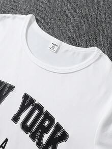 【随机3套，共7套】青少年男童时尚休闲日常舒适柔软亲肤春夏针织面料纯色纽约、布鲁克林、洛杉矶、加州印花英文字母圆领短袖上衣和短裤睡衣套装，6件套 - 彩色 - 查看 8