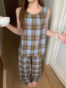 Livesso Women's Plaid Vest And Pants Pajama Set - Purple - View 6
