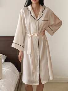 DAZY Elegant Contrast Color Trim Decor Loose Mid-Length Women Robe Pajamas - White - View 11