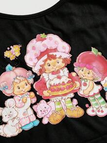 Strawberry Shortcake | ROMWE Áo camisole nữ in hình hoạt hình, kiểu dáng thường ngày. - màu đen - Xem 3
