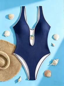 Bonvoyette Swim Swim Lushoire 紋理橘色一件式泳衣，附貝殼裝飾與對比飾邊，適合夏季海灘 - 藏蓝色 - 查看 4