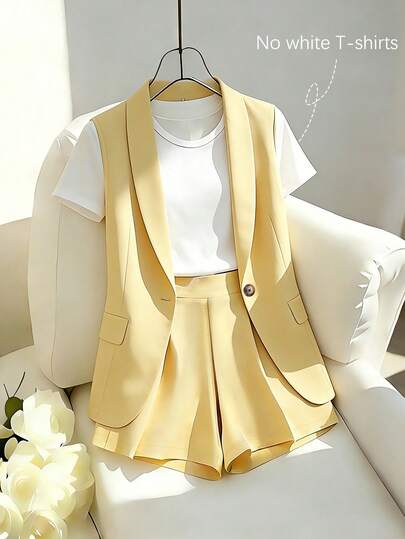 SHEIN Franclia 2pcs/Set Summer Commute/Business/Vacation/Beach/Office/Formal 2 Pieces Set, Yellow Suit Jacket Sleeveless & Shorts, Comfortable Fabric, Versatile Casual Wear