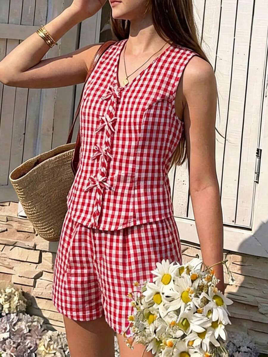 SHEIN 少女温柔甜美粉色衬衫套装,配色协调,设计舒适,适合校园、通勤、学习和日常穿着,春季必备 - 紅色 - 查看 1