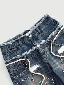 ROMWE MEN Street Life Quần short denim nam với cạp quần đính đá nhiều màu sắc. - Màu xanh lam - Xem 3