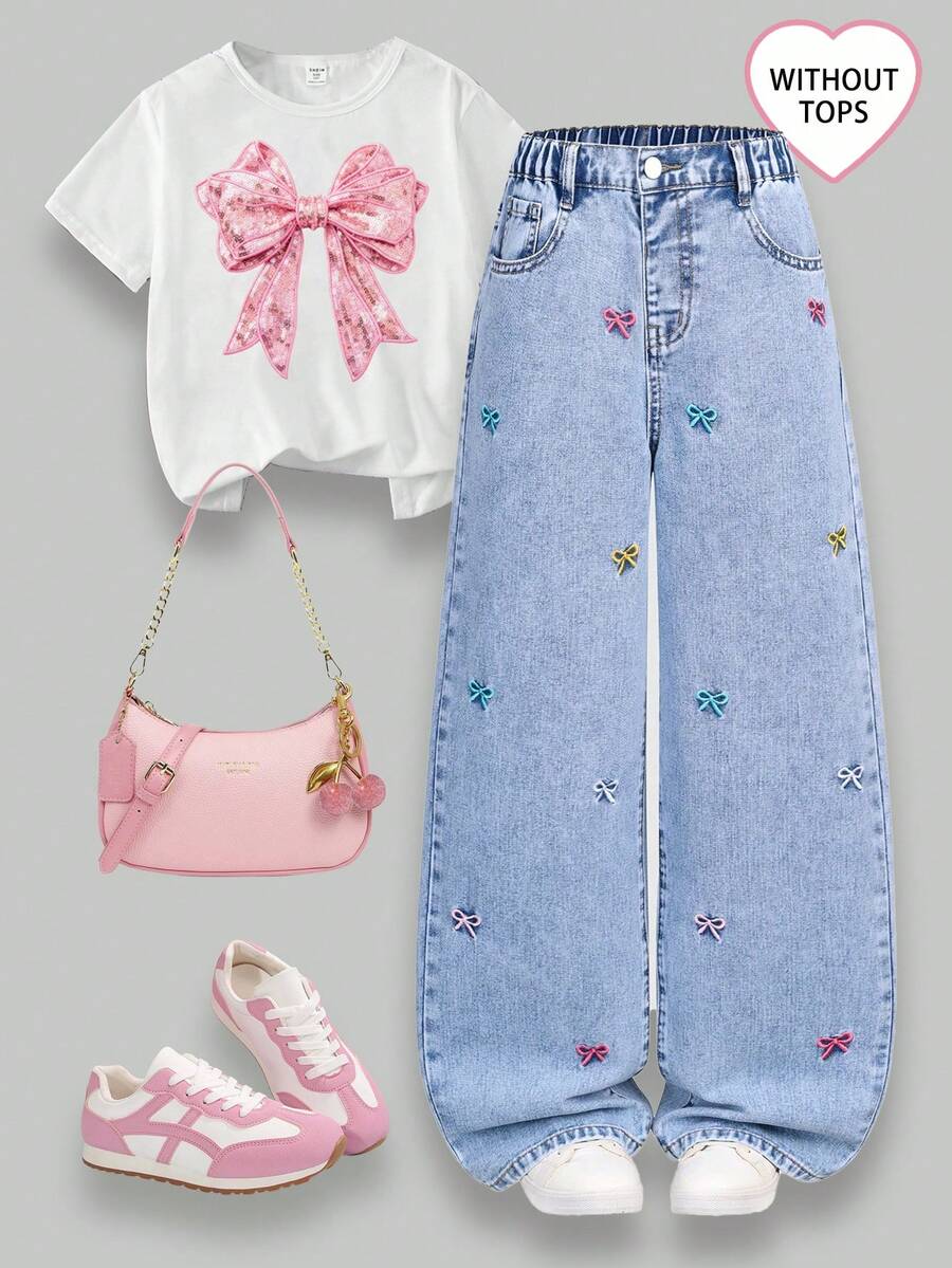SHEIN Girls' Oversized Loose Fit Straight Leg Jeans,Light Blue Washed Cotton With Embroidered Butterfly Decor,Cute Summer Back-To-School Jeans For School - Light Wash - View 1