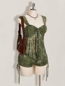 SHEIN ICON 2件套夏季女士外出波西米亚风印花褶皱系带吊带背心和抽绳系腰短裤 - 綠色 - 查看 1