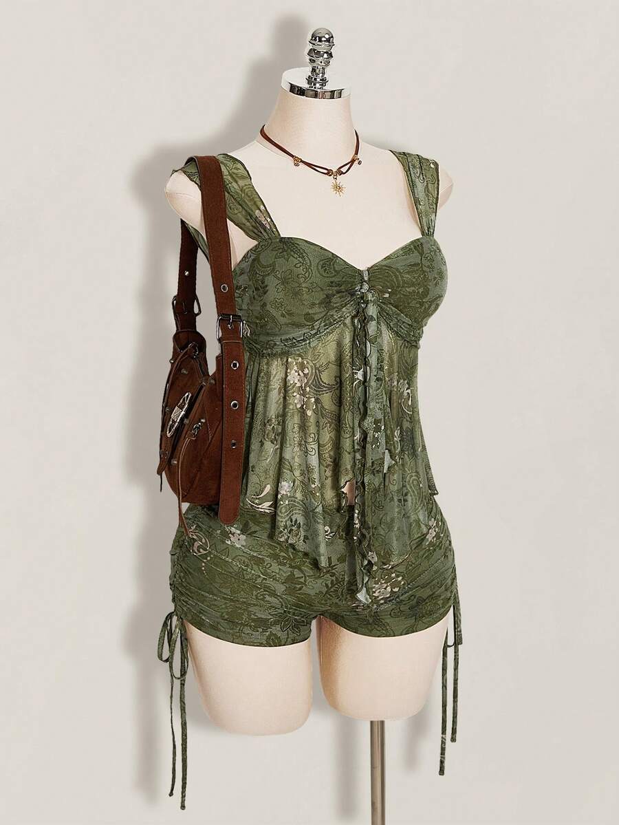 SHEIN ICON 2件套夏季女士外出波西米亚风印花褶皱系带吊带背心和抽绳系腰短裤 - 綠色 - 查看 1