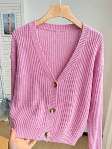 SHEIN EZwear 大码浅粉色休闲日常罗纹针织纽扣开衫 - 淺粉色 - 查看 4