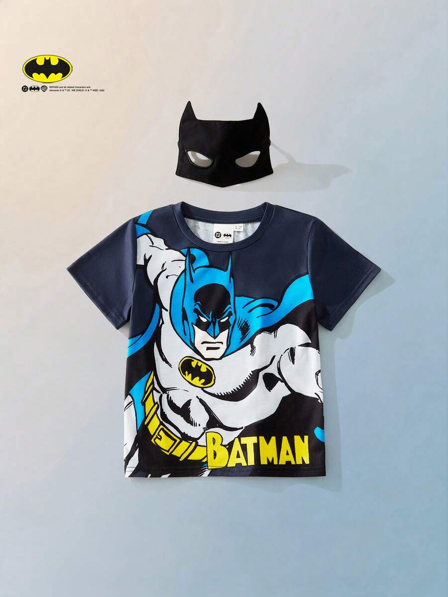 Maija Kids BATMAN X SHEIN Maija Kids 女童卡通动物印花柔软针织圆领短袖上衣和眼罩两件套 - 黑色 - 查看 1