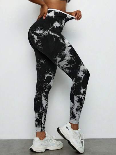 Voyena Leggings de yoga sin costuras de talle alto con estampado de teñido anudado para mujer de talla grande