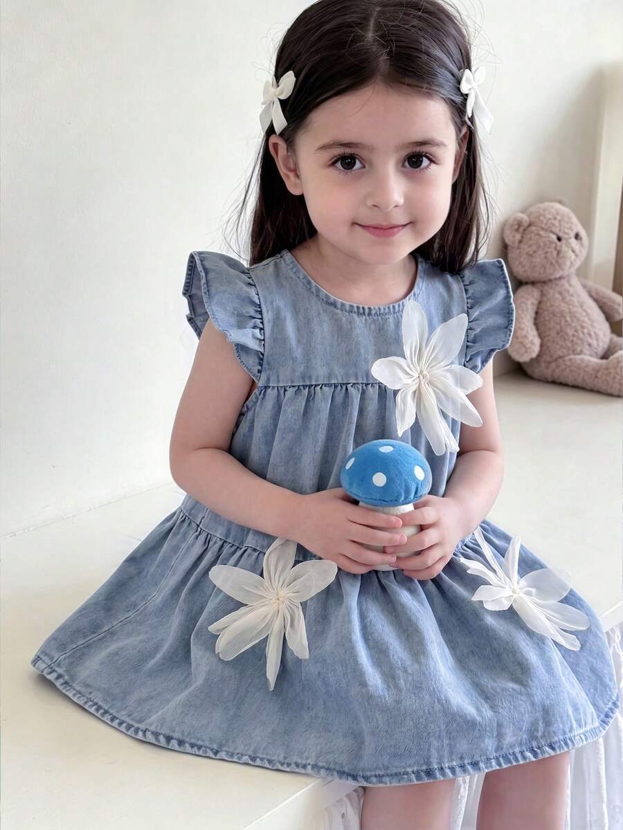 SHEIN Baby GirlDenim Dress With 3D Floral Decor, Cute & Fashion, Versatile For Spring/Summer Fall Winter