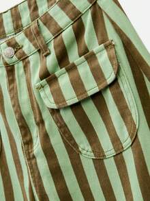 Nöista High-Waisted Wide-Leg Pants Featuring Vertical Brown Striped And Stripes With Front Flap Pkets A Relaxed Fit. Lightweight Comfortable. Everyday Punk - Green - View 8