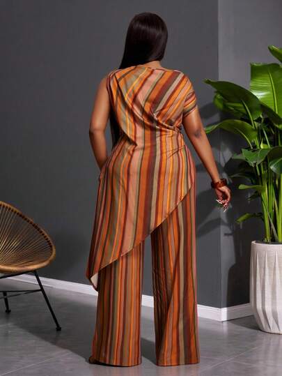 SHEIN CURVE+ 2026 Plus Size Women's New Music Festival, Easter, Western, Nomadic Style Outfit, Suitable For Birthday Party, Holiday, Elegant Party, Prom, Daily Commute, Casual, High-End Elegant, Minimalist, Streetwear Fashion Occasions. Brown Striped Asymmetric Shoulder Crop Top And Pants Set, Summer Outfit