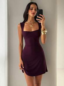 Aloruh Women's Sweetheart Neck Fitted Mesh Dress - Purple - View 2