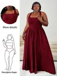 CurvyTilda Đầm xòe dáng suông thanh lịch, đơn giản, màu trơn dành cho nữ cỡ lớn, cổ vuông, eo thắt, màu trơn, thích hợp dự tiệc mùa hè, dành cho dáng người đồng hồ cát. - Màu Đỏ Sâu - Xem 1