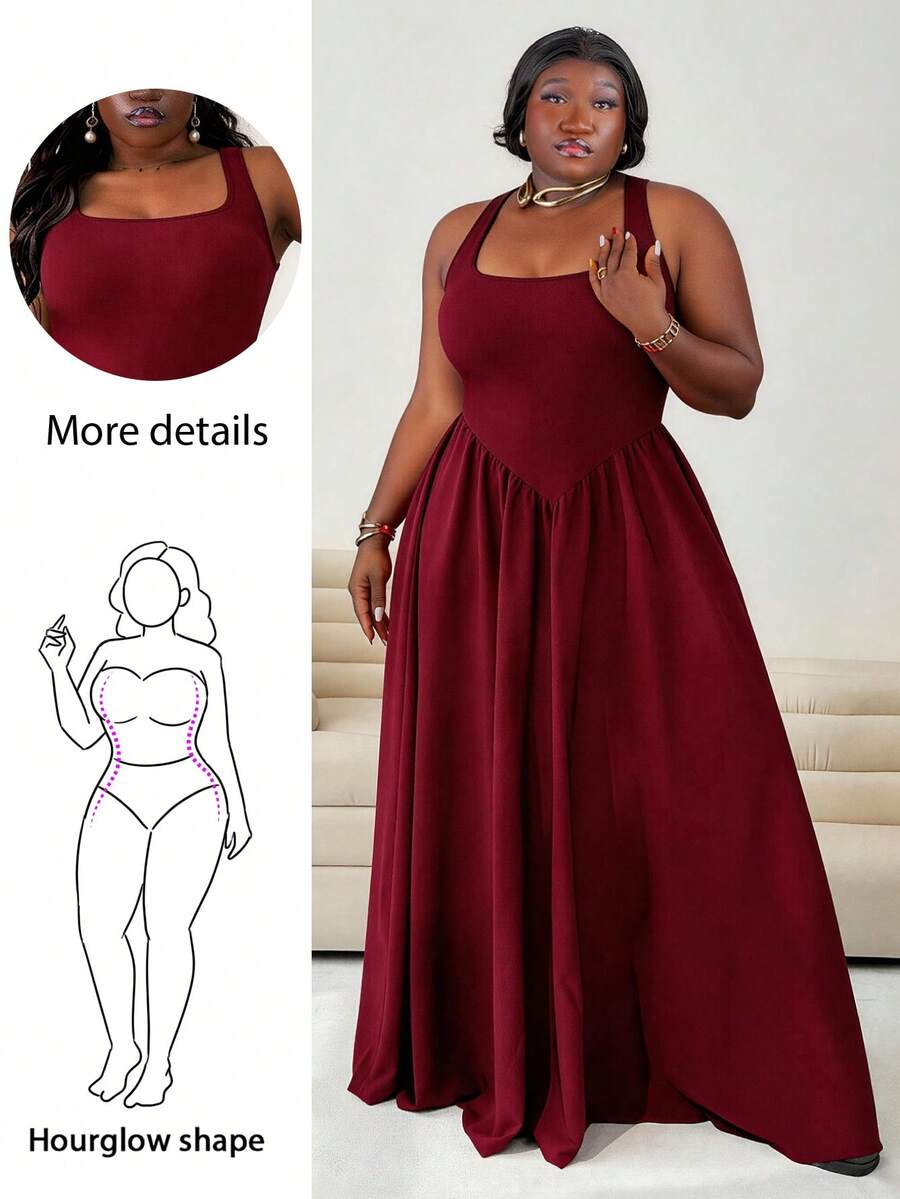 CurvyTilda Đầm xòe dáng suông thanh lịch, đơn giản, màu trơn dành cho nữ cỡ lớn, cổ vuông, eo thắt, màu trơn, thích hợp dự tiệc mùa hè, dành cho dáng người đồng hồ cát. - Màu Đỏ Sâu - Xem 1
