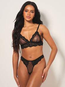 MISSGUIDED Lace Mesh Dot Two Piece Lingerie Set Bralette With Thong Intimate Valentine Date Night Collection - Black - View 3