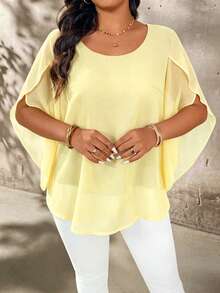 SHEIN LUNE Plus Size Women's Plus Size Cap Sleeve Sheer Slim Fit Blouse - Yellow - View 3