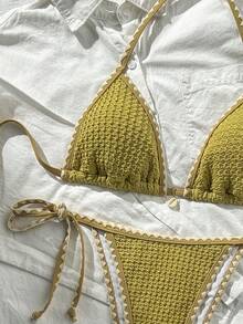 Swim Mod Women's Solid Color Jacquard Fabric Ruffle Trim Tie Strap 2-Piece Bikini Set, Summer - Khaki - View 7