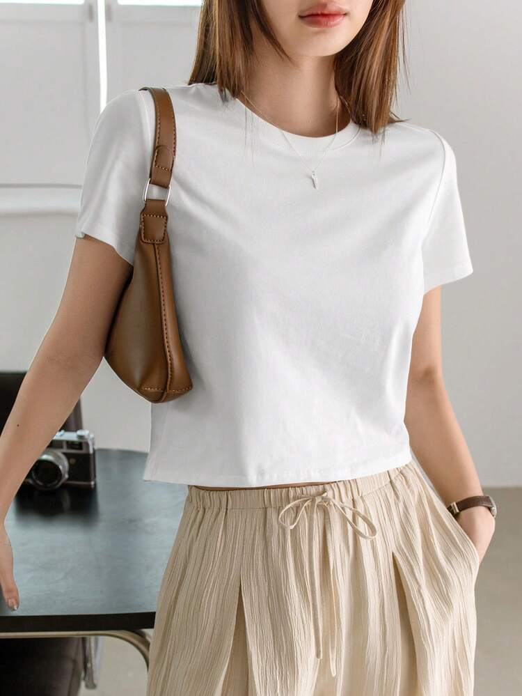 Women's Solid Color Round Neck Short Sleeve Casual Versatile T-Shirt