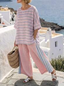 SHEIN Holidaya Áo thun nữ tay cánh dơi kẻ sọc kiểu dáng thường ngày - Màu Hồng baby - Xem 5