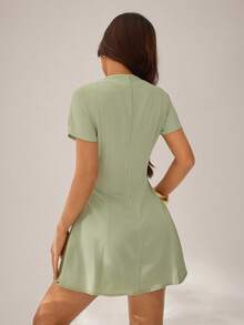 SHEIN PETITE Đầm ngắn dáng chữ A xếp ly, thích hợp cho việc đi làm. - màu xanh lá - Xem 2