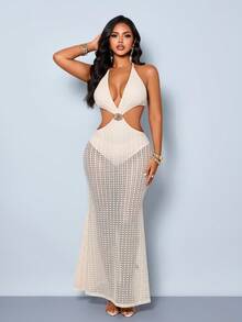 SOLERSUN Women's Cream White Summer Casual Beach Holiday Vacation Crochet Cutout Maxi Dress,Fake Two Pieces Halter Backless Mermaid Sheer Cover Up Outfits - Apricot - View 6