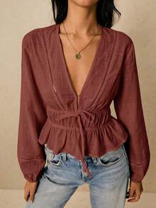 Poéselle Women's Casual Versatile Solid Color Cinched Waist Shirt,Summer Top - Redwood - View 6
