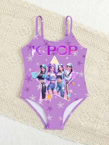 Girls' Cartoon Girl Group Printed One-Piece Swimsuit, Casual Fit, Suitable For Beach, Vacation, Outing, Summer - Multicolor - View 5