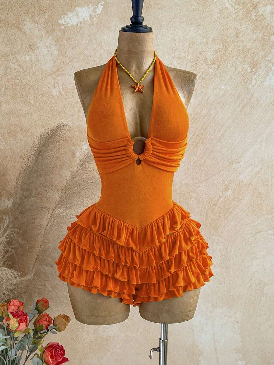 Soleia Bộ jumpsuit hở lưng dệt kim màu mơ với họa tiết vòng tròn trang trí, thanh lịch dành cho nữ, phù hợp cho Halloween, Giáng sinh, kỳ nghỉ, gợi cảm. - trái cam - Xem 1