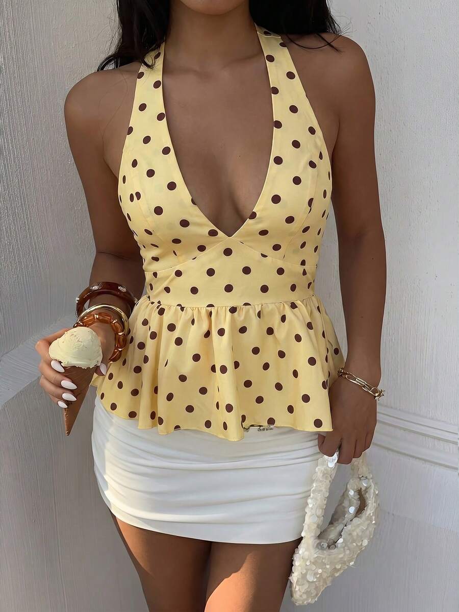 Firerie Women's Deep V Brown And Yellow Polka Dot Halter Top, 90s Retro Elegant Tropical Summer Blouse, Holiday Vacation, Hawaii Music Festival Spring Outfit