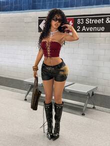 StreetHx Trang phục nữ phong cách thập niên 2000 (Y2K), màu đen, kiểu dáng thường ngày, áo kiểu punk trang trí kim loại với nơ ruy băng. - Màu Đỏ Sâu - Xem 6