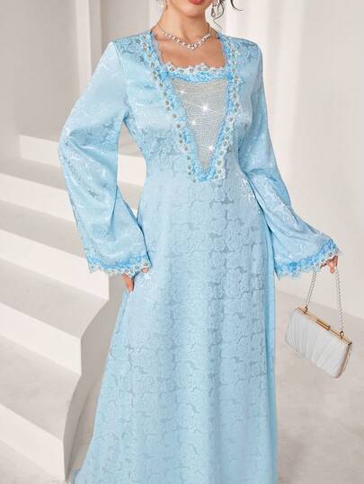 Yasmyna Elegant Romantic Formal Dress For Women, With Jacquard, Beaded, Waist Tie, Flared Hem, Long Sleeve, Lace Patchwork Design