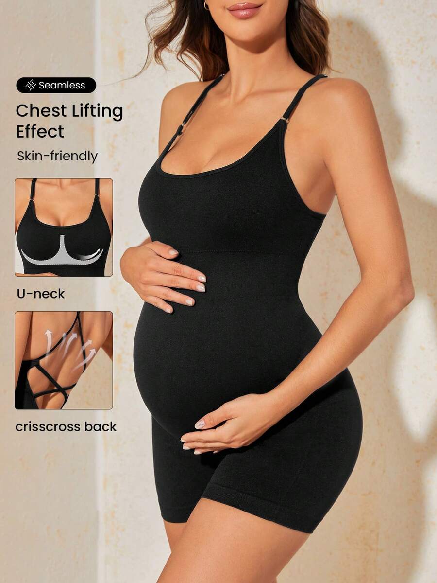 SHEIN 双层肩带纯色孕妇运动连体衣 - 黑色 - 查看 1